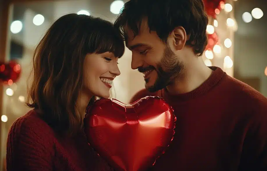 טו באב. זוג מביטים אחד בשניובניהם בלון בצורת לב